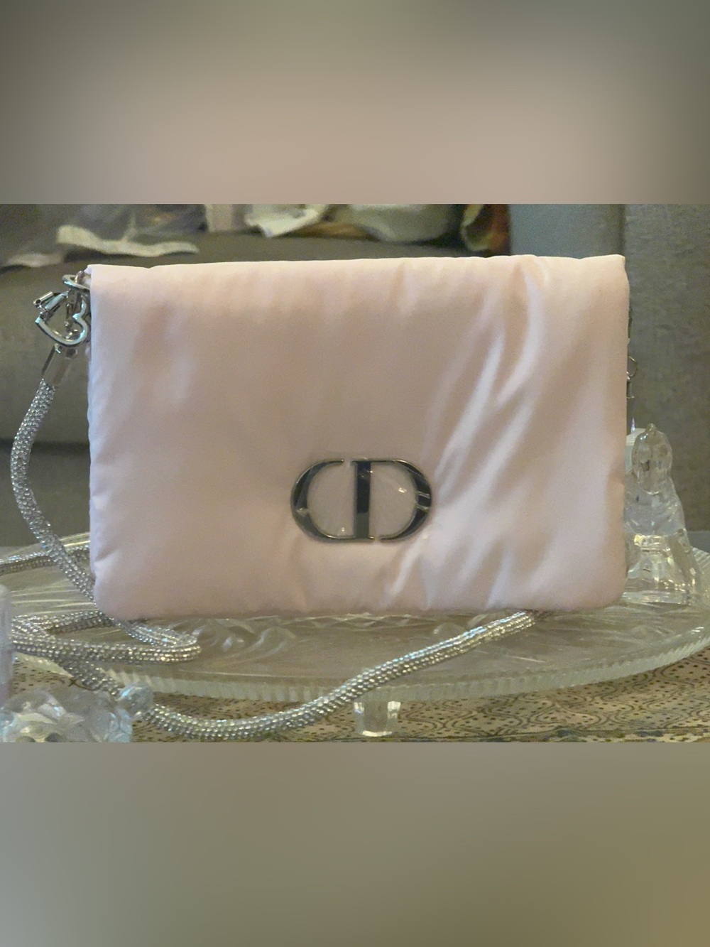 Dior Light Pink Satin Clutch with glitter  Silver Chain Detail - Picture 9 of 16